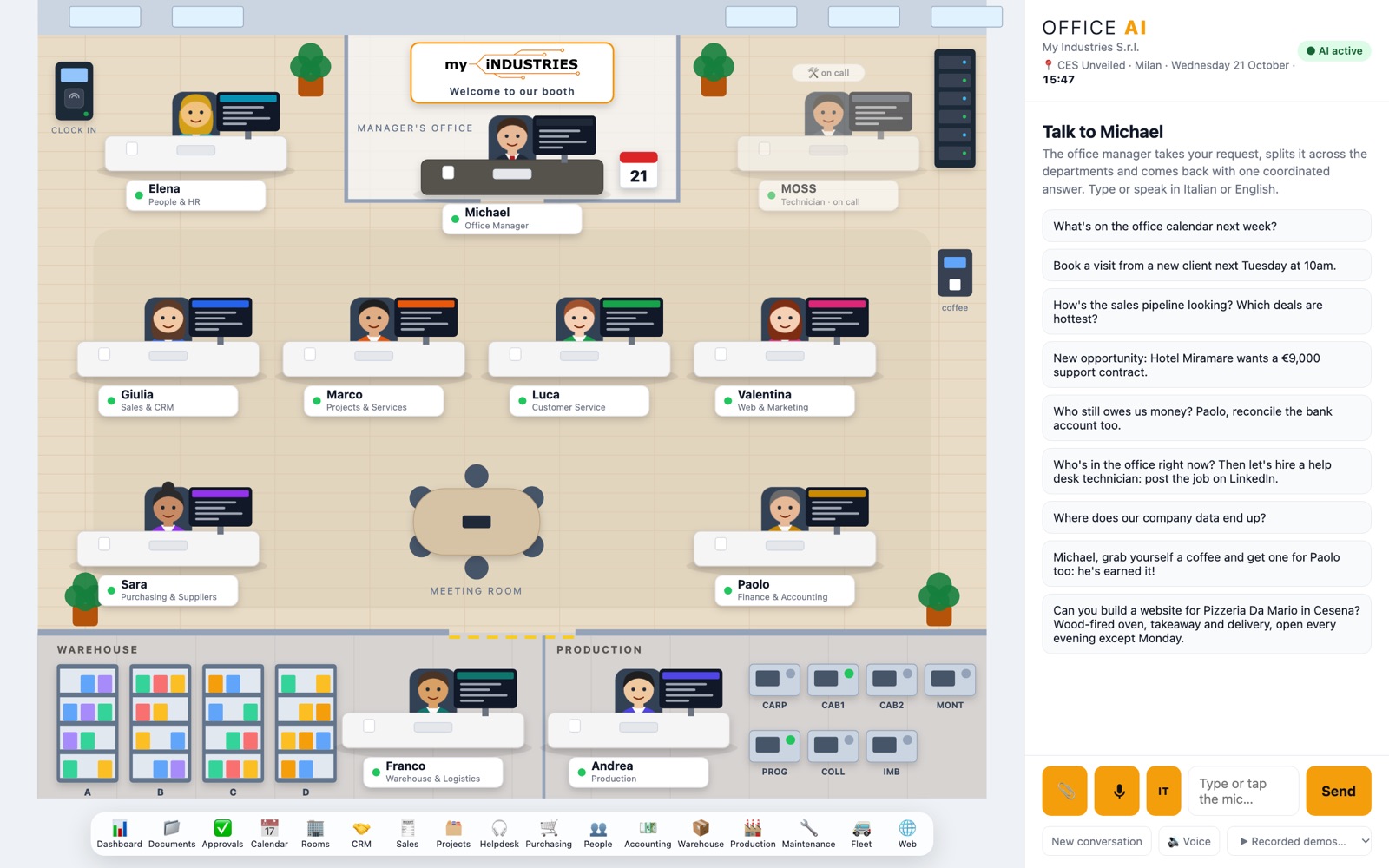 The Office AI floor plan: Michael the office manager, department agents at their desks, warehouse and production line, with the chat panel on the right.
